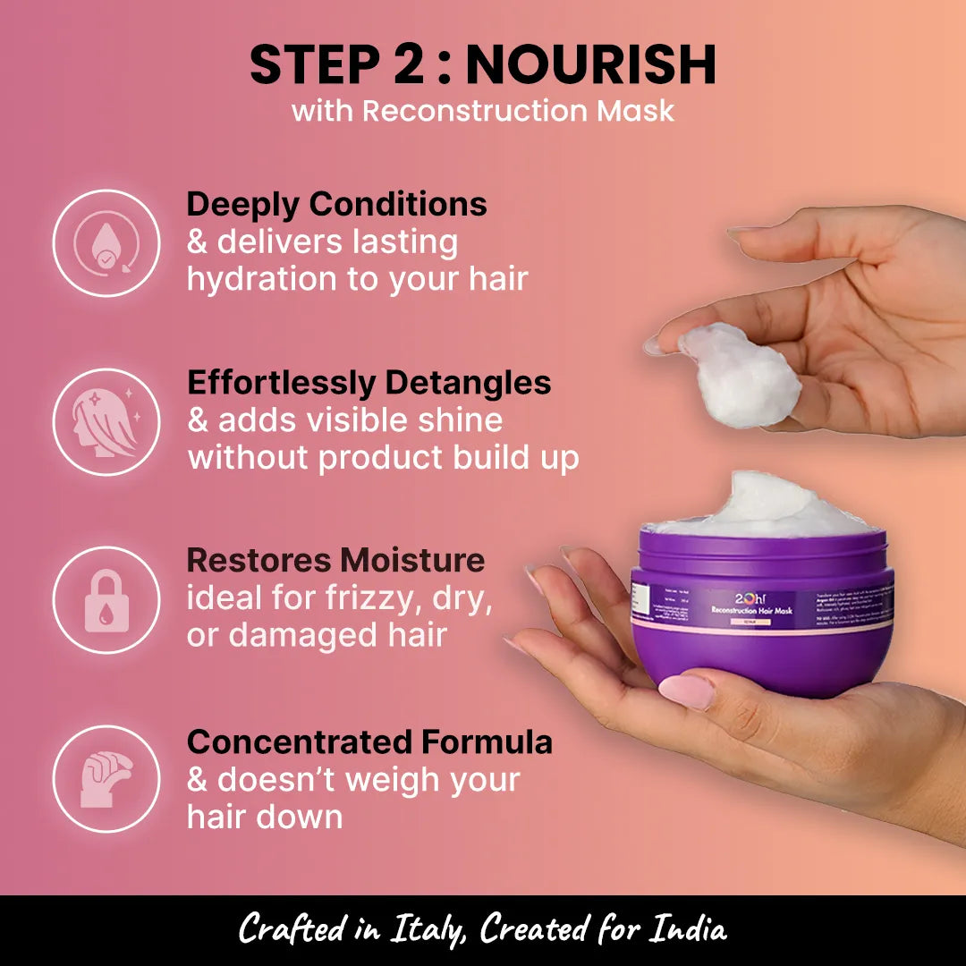 2.Oh! Reconstruction Mask deeply nourishes, detangles, adds shine & restores moisture. Crafted in Italy, created for India.