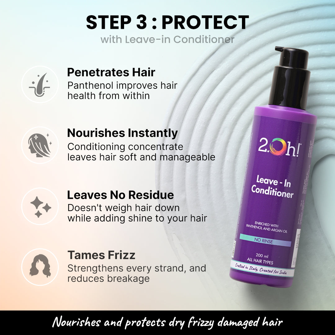 Protect with 2.Oh! Leave-In Conditioner penetrates hair, nourishes instantly, tames frizz, and leaves no residue.