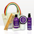 2.Oh! hair care kit with Shampoo, Hair Mask, Leave-In Conditioner, and Wooden Comb, styled with a Rainbow-Handled Bag.