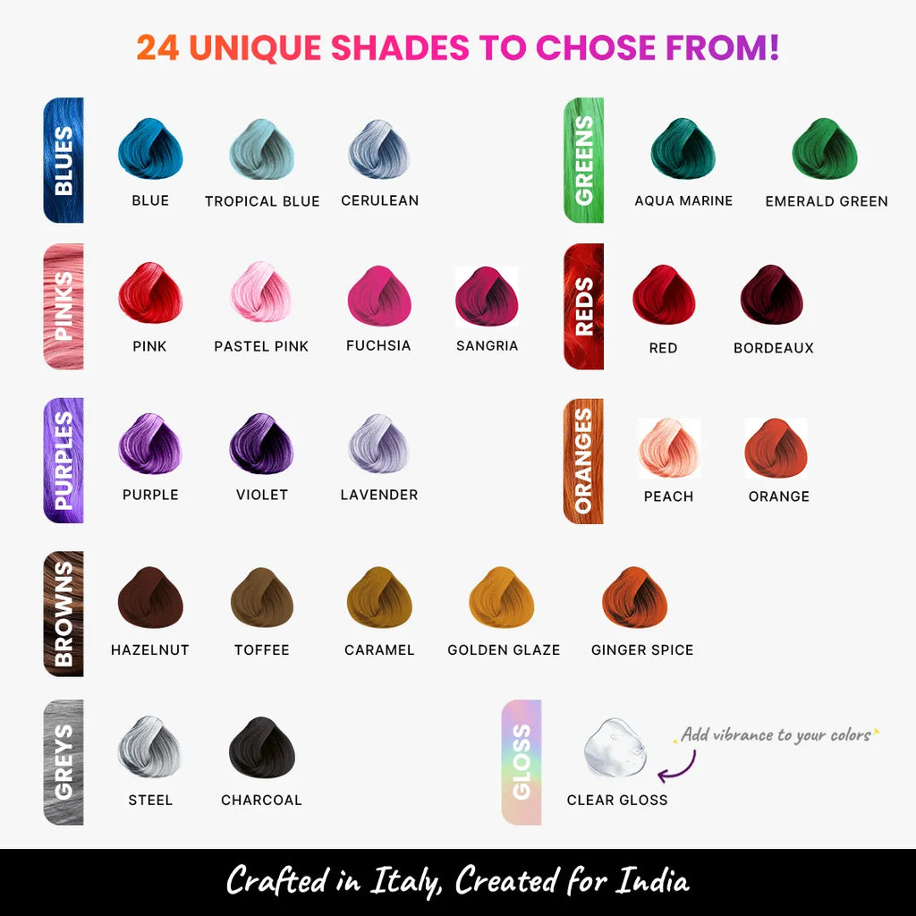 24 Vibrant Hair Color Shades Including Blues, Pinks, Reds, and More, Plus Clear Gloss. Crafted in Italy for India.