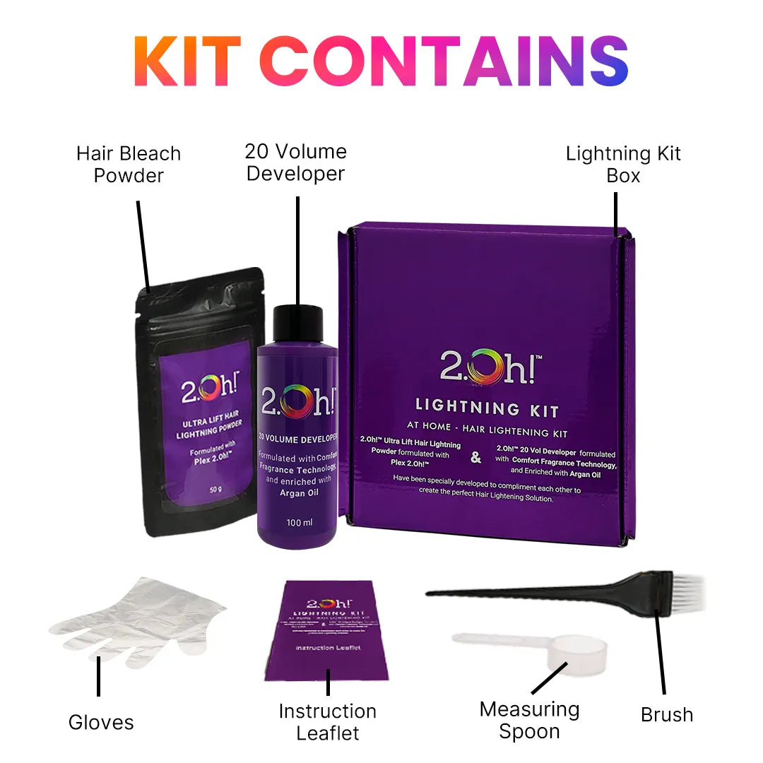 2.Oh! Lightening Kit with bleach, developer, semi-permanent color, gloves, brush, spoon & more - all-in-one DIY box.
