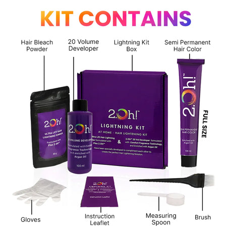 2.Oh! Lightening Kit with bleach, developer, semi-permanent color, gloves, brush, spoon & more - all-in-one DIY box.