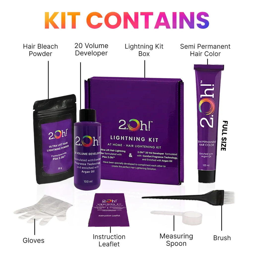 2.Oh! Lightening Kit with bleach, developer, semi-permanent color, gloves, brush, spoon & more - all-in-one DIY box.