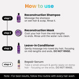 Step-by-step haircare: Cleanse with Reconstruction Shampoo, nourish with Mask, and finish with Leave-in Conditioner. No rinse needed.