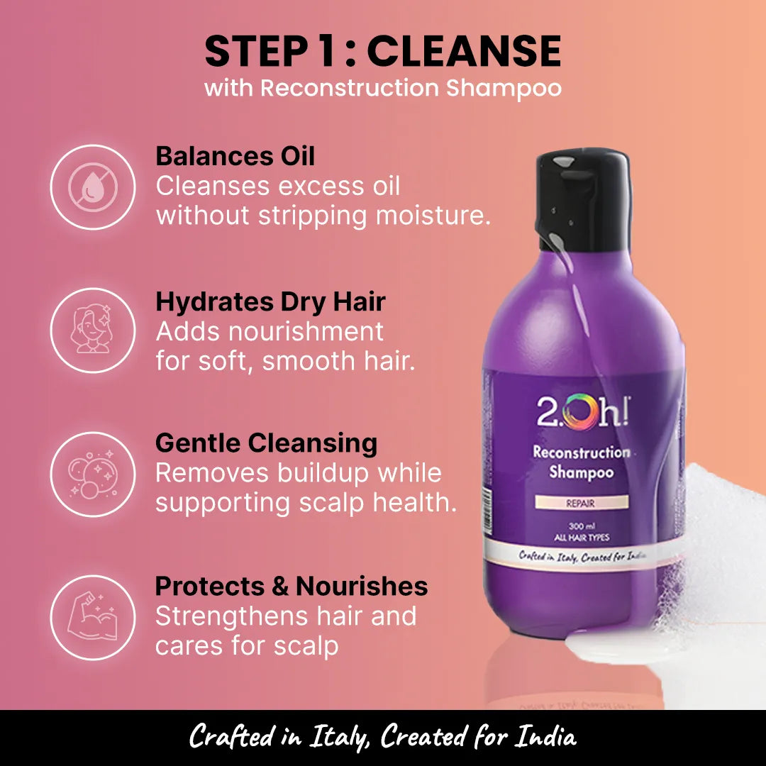 2.Oh! Reconstruction Shampoo cleanses gently, hydrates, balances oil & strengthens hair. Made in Italy for India.
