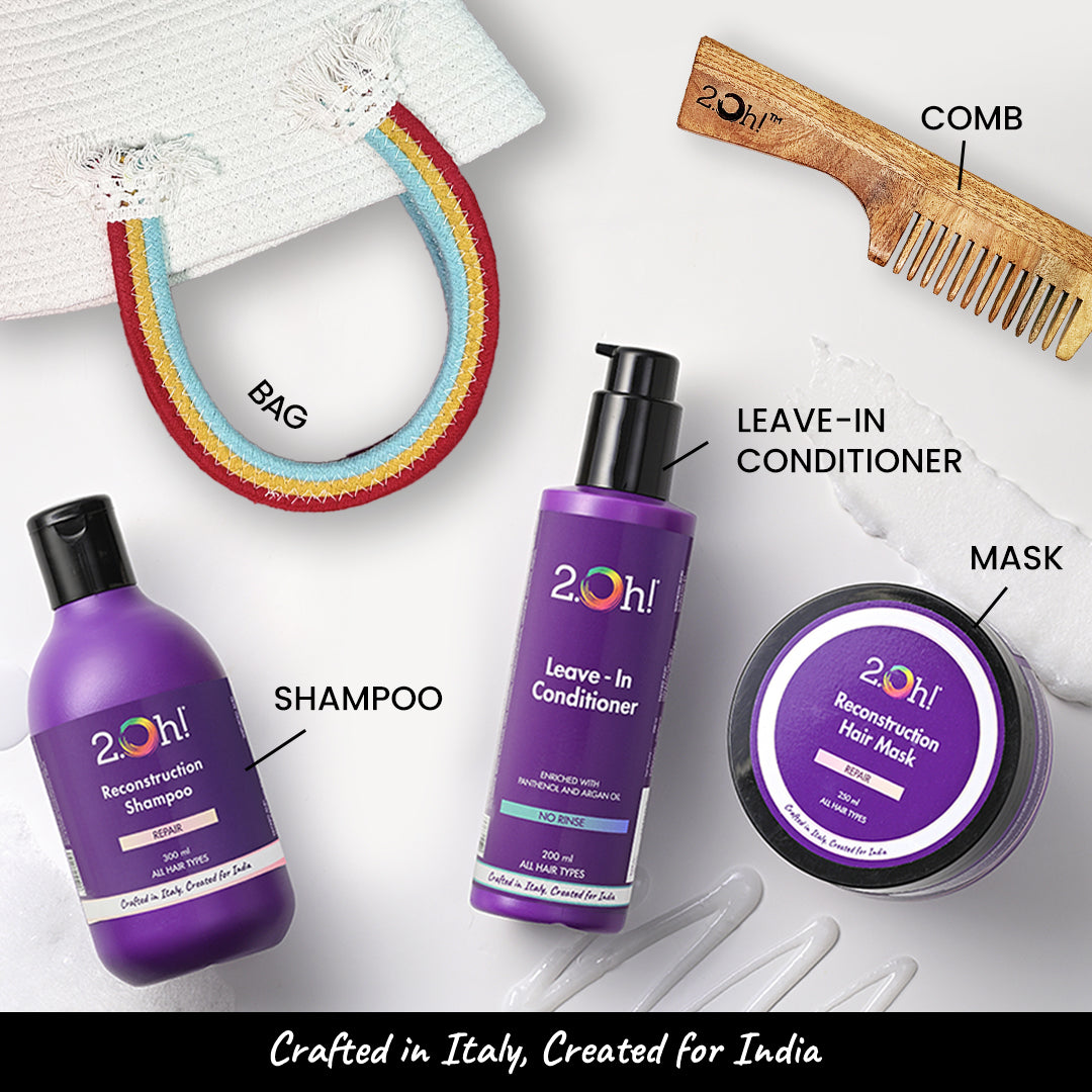 2.Oh! Hair Care Kit with Shampoo, Leave-In Conditioner, Hair Mask, Wooden Comb, and Tote Bag. Crafted in Italy, Created for India.