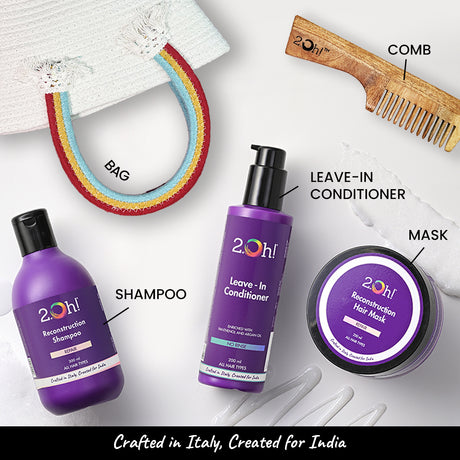 2.Oh! Hair Care Kit with Shampoo, Leave-In Conditioner, Hair Mask, Wooden Comb, and Tote Bag. Crafted in Italy, Created for India.
