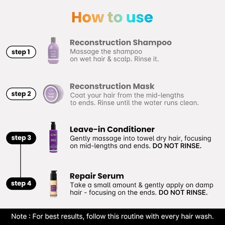 How to use 2.Oh! Purple Reconstruction Shampoo, Reconstruction Mask, Leave-In Conditioner, and Repair Serum