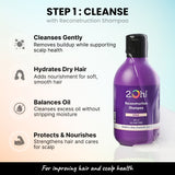 Cleanse with 2.Oh! Reconstruction Shampoo Gently Removes Buildup, Hydrates, Balances Oil, and Nourishes Scalp.