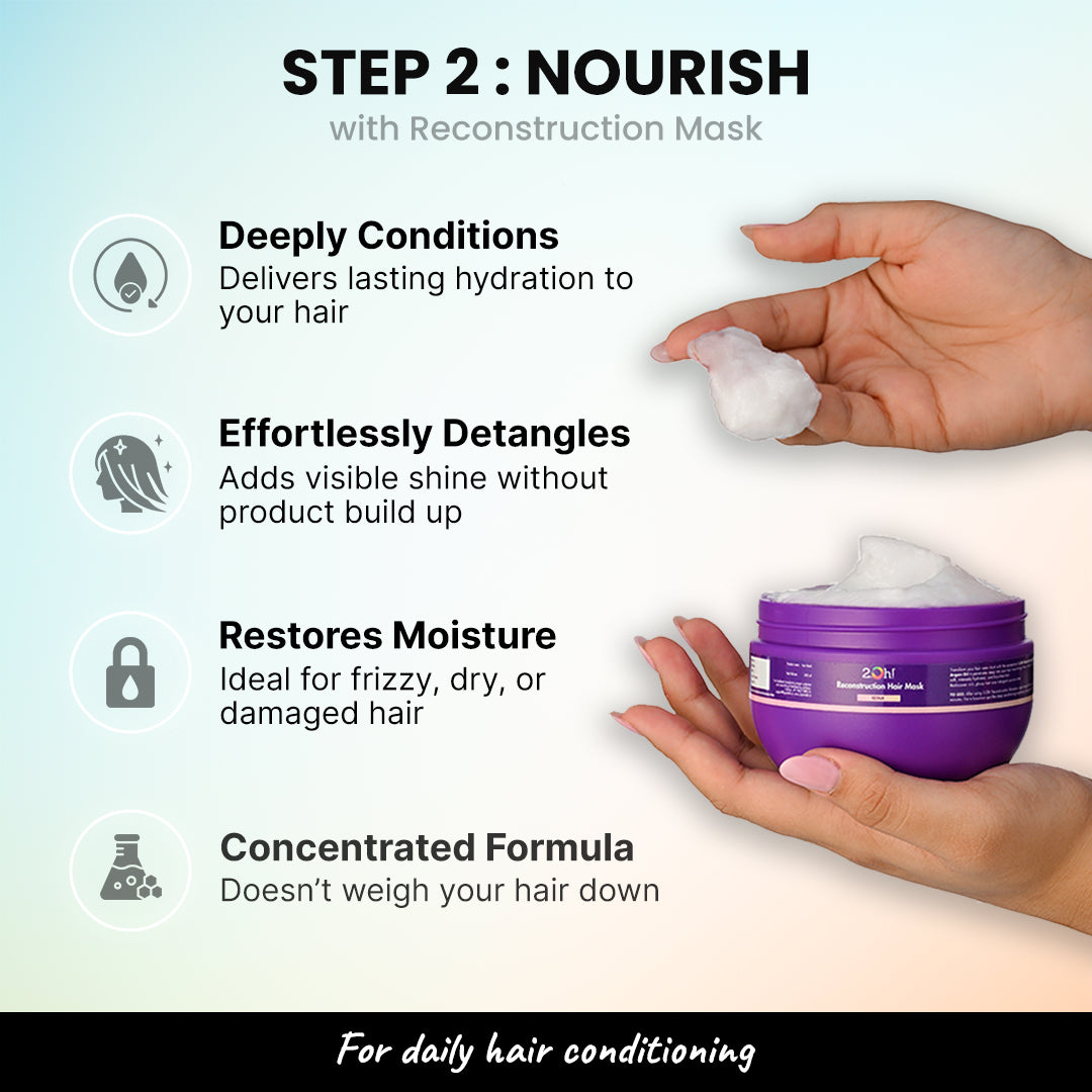 Nourish with 2.Oh! Reconstruction Mask deeply conditions, detangles, restores moisture, and has a lightweight formula.