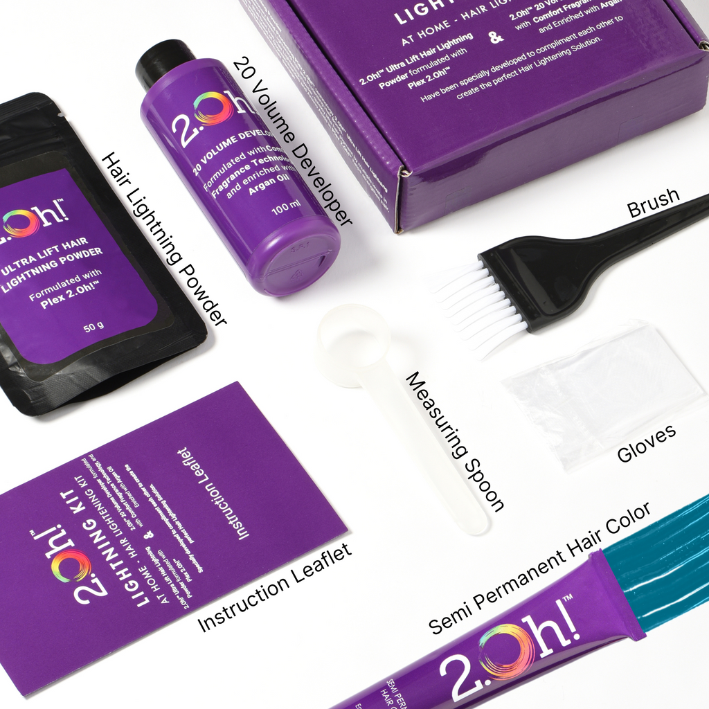 2.Oh! Aquamarine Semi-permanent Hair color, Volume developer, Hair Lightning Power, Gloves, Brush, and Measuring spoon