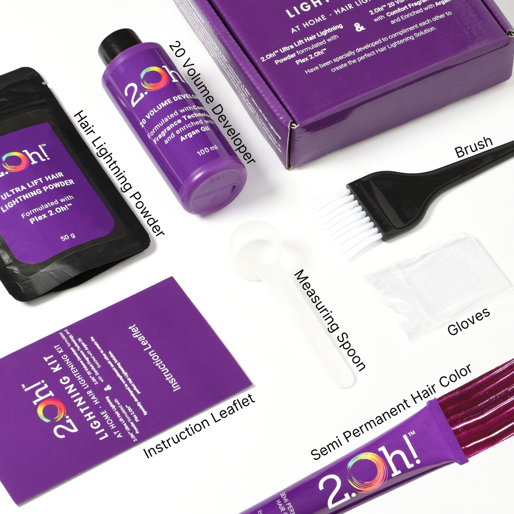 2.Oh! Bordeaux Semi-permanent Hair color, Volume developer, Hair Lightning Power, Gloves, Brush, and Measuring spoon