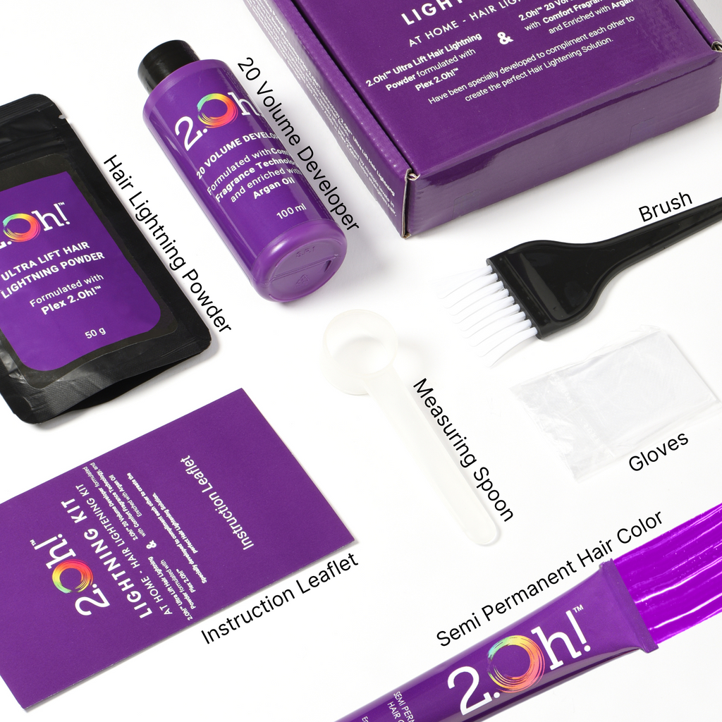 2.Oh! Purple Semi-permanent Hair color, Volume developer, Hair Lightning Power, Gloves, Brush, and Measuring spoon